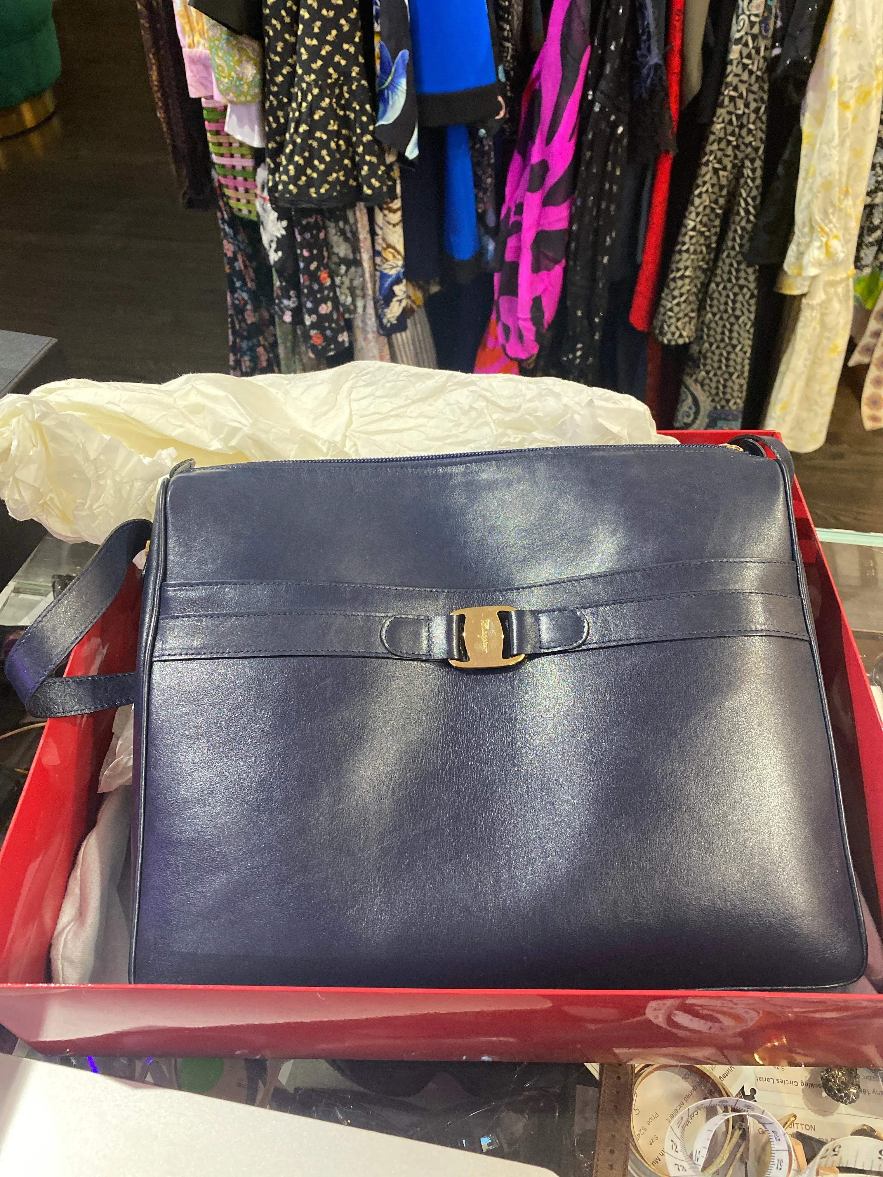 VINTAGE: Ferragamo Navy Leather Shoulder Bag with Gold