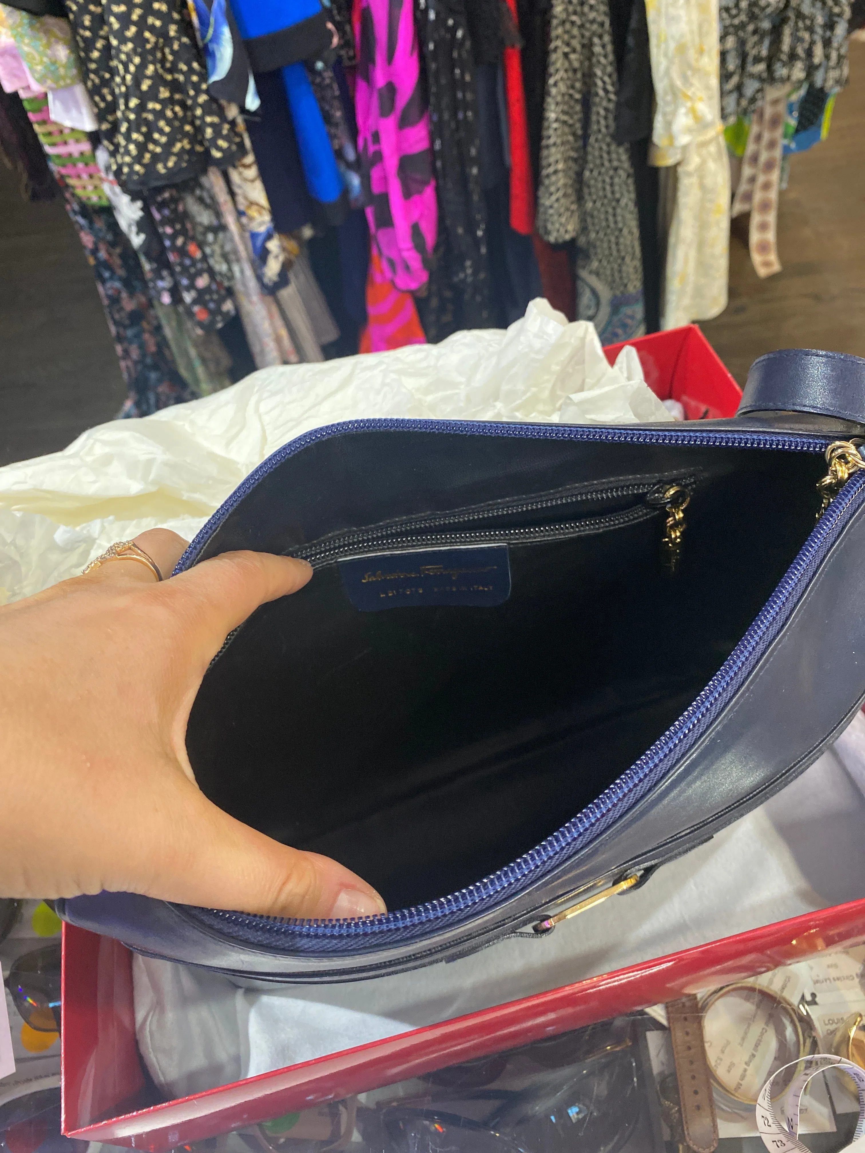VINTAGE: Ferragamo Navy Leather Shoulder Bag with Gold