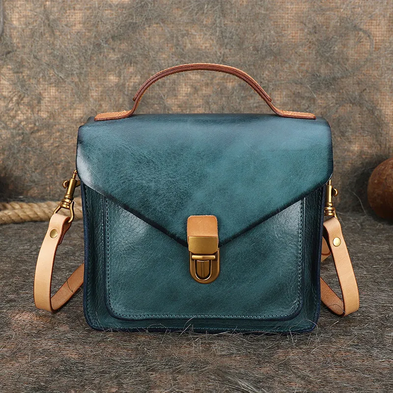 Vintage Green Leather Womens Square Satchel Shoulder Bags School Crossbody Purse for Women