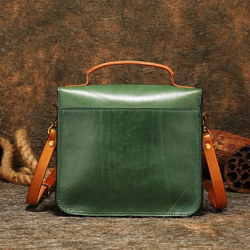 Vintage Green Leather Womens Square Satchel Shoulder Bags School Crossbody Purse for Women