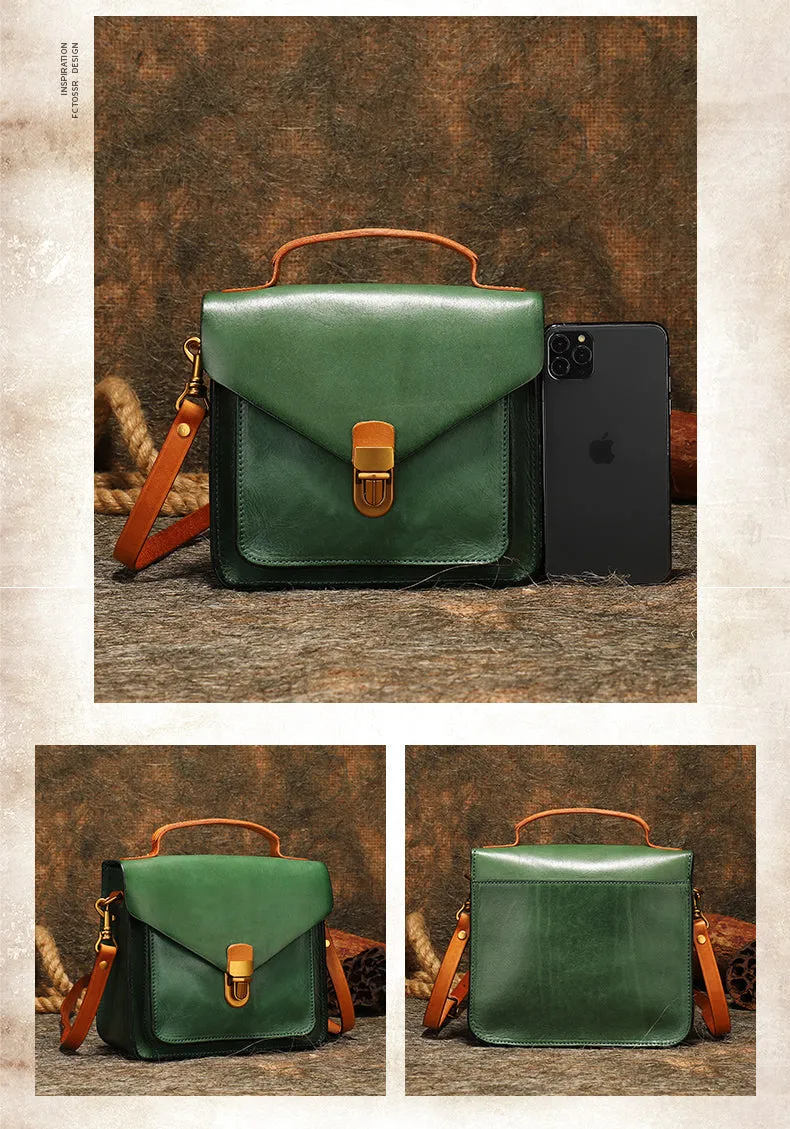 Vintage Green Leather Womens Square Satchel Shoulder Bags School Crossbody Purse for Women
