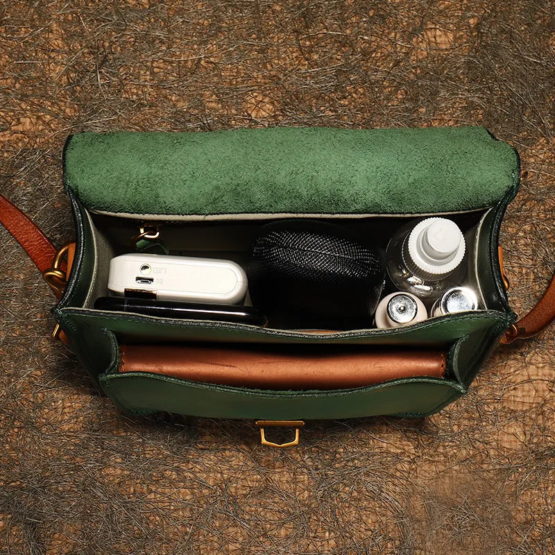 Vintage Green Leather Womens Square Satchel Shoulder Bags School Crossbody Purse for Women