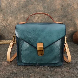 Vintage Green Leather Womens Square Satchel Shoulder Bags School Crossbody Purse for Women