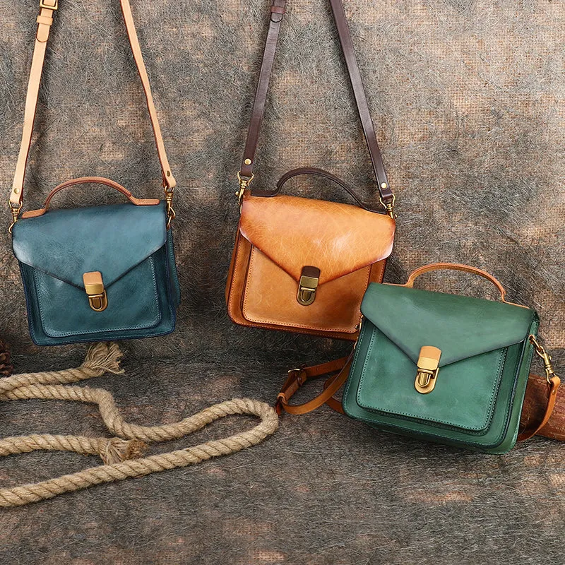 Vintage Green Leather Womens Square Satchel Shoulder Bags School Crossbody Purse for Women