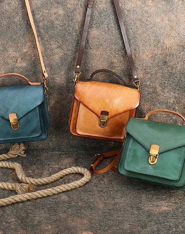 Vintage Green Leather Womens Square Satchel Shoulder Bags School Crossbody Purse for Women