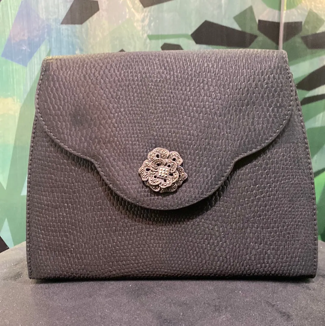 Vintage: Judith Jack Black Flap Purse with Floral Closure Snap