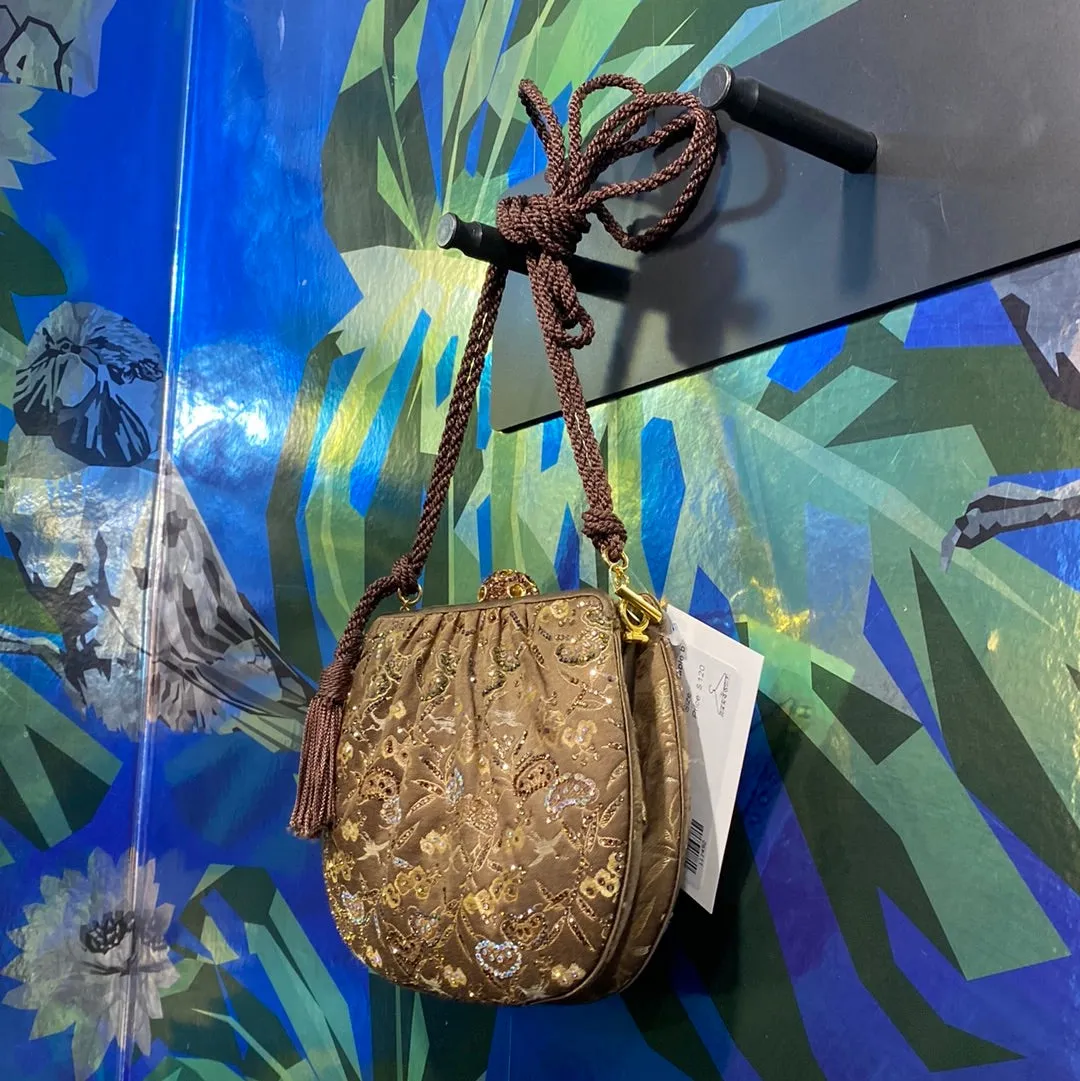 VINTAGE: Judith Lieber Brown Satin Floral Bag with Removeable brown rope strap