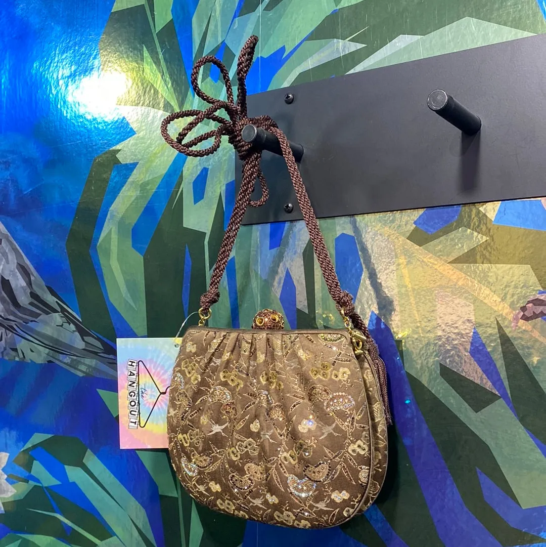 VINTAGE: Judith Lieber Brown Satin Floral Bag with Removeable brown rope strap