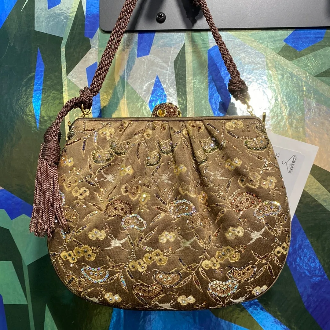 VINTAGE: Judith Lieber Brown Satin Floral Bag with Removeable brown rope strap