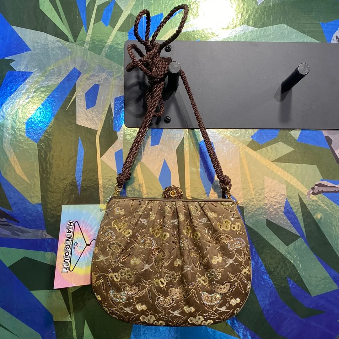 VINTAGE: Judith Lieber Brown Satin Floral Bag with Removeable brown rope strap