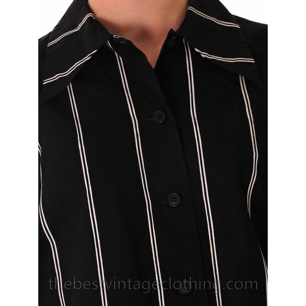 Vintage Marimekko Printed Cotton Shirt Dress 1970s Black & White Stripes 44/L