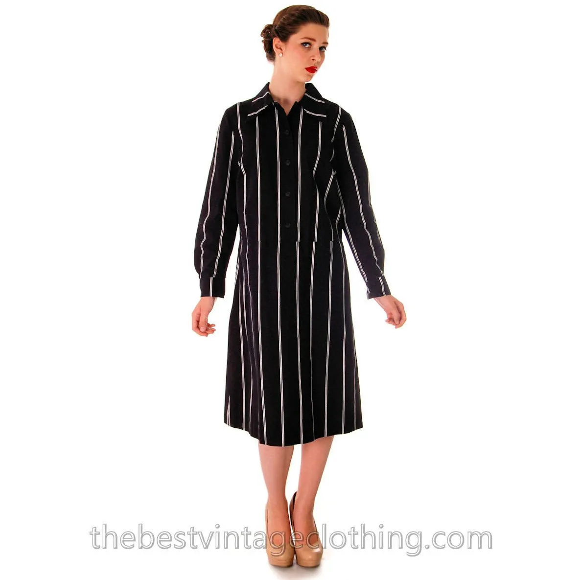 Vintage Marimekko Printed Cotton Shirt Dress 1970s Black & White Stripes 44/L