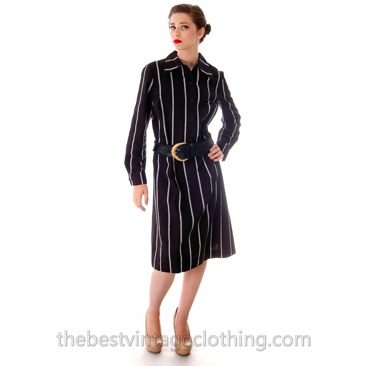 Vintage Marimekko Printed Cotton Shirt Dress 1970s Black & White Stripes 44/L