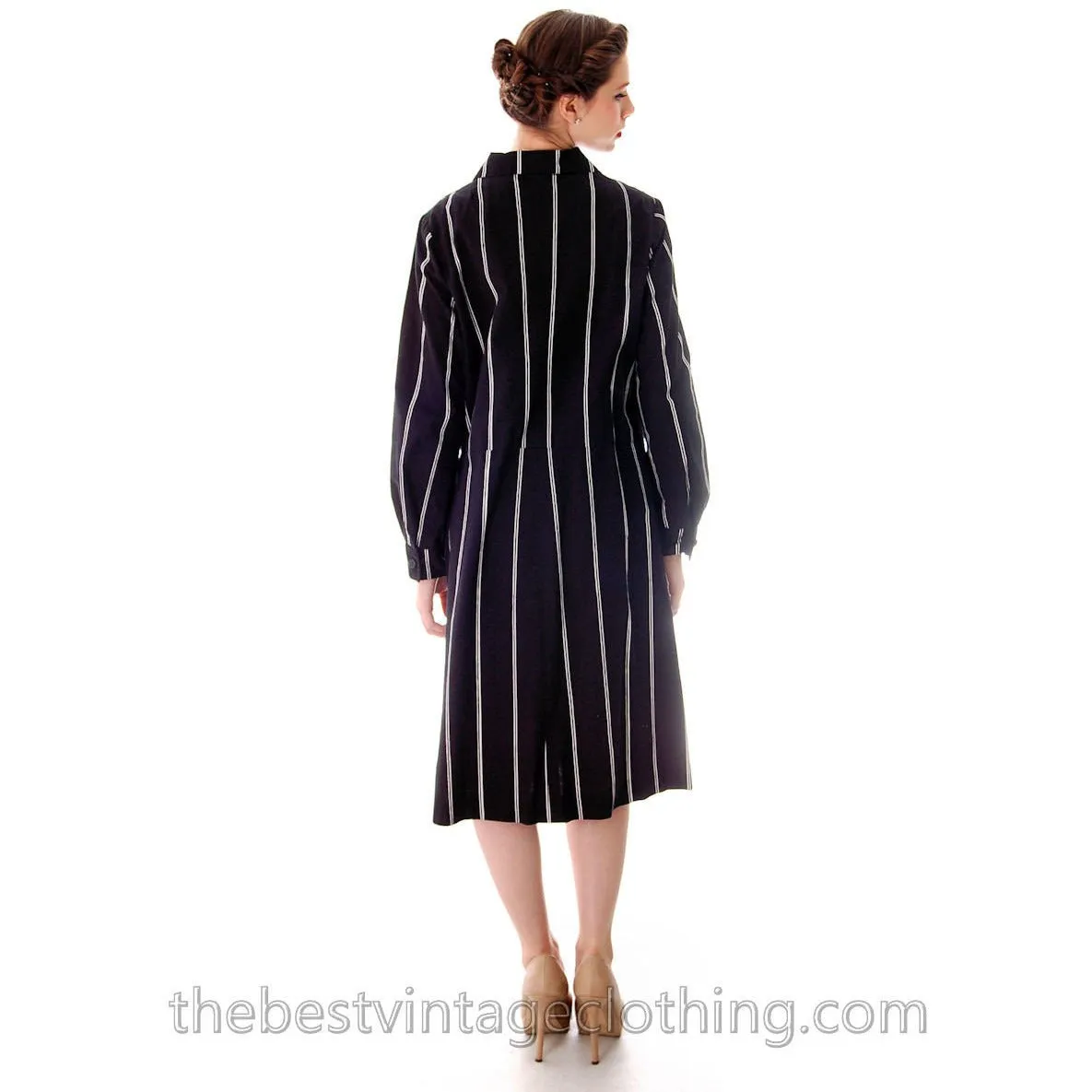 Vintage Marimekko Printed Cotton Shirt Dress 1970s Black & White Stripes 44/L