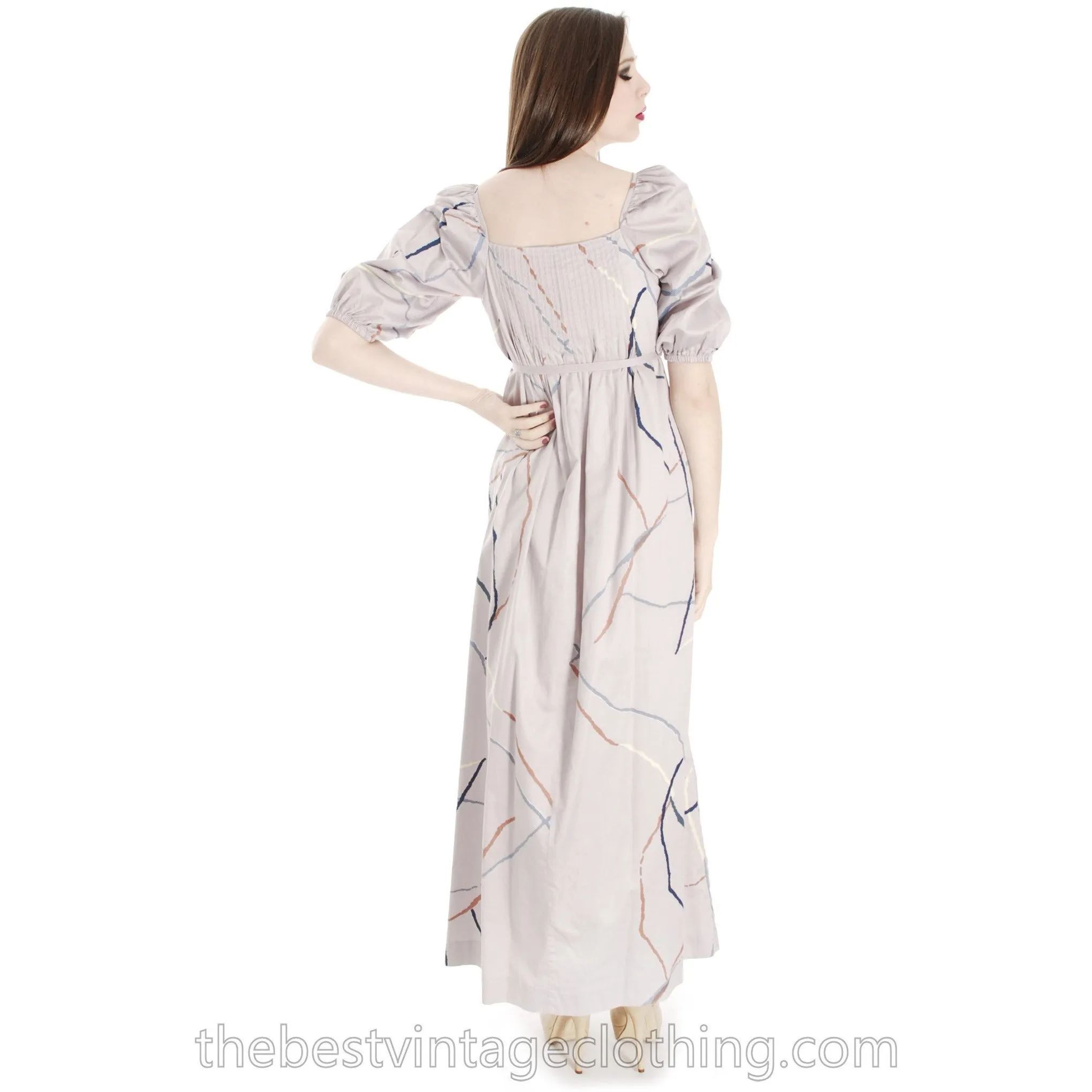 Vintage Marimekko Suomi Finland 1978 Gray Cotton Printed Maxi Dress Blue XS