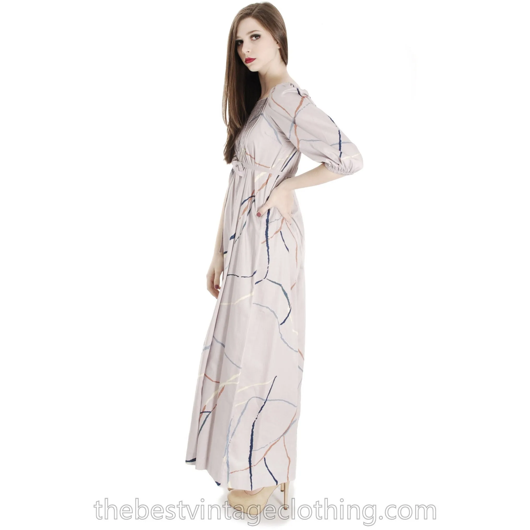 Vintage Marimekko Suomi Finland 1978 Gray Cotton Printed Maxi Dress Blue XS