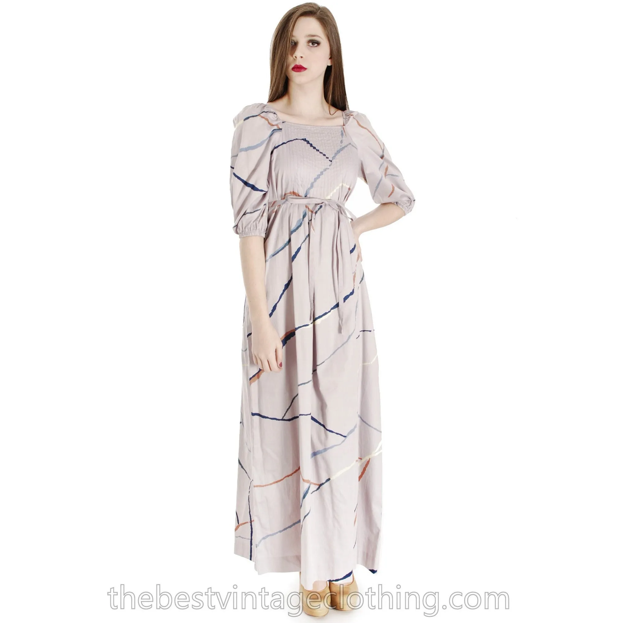 Vintage Marimekko Suomi Finland 1978 Gray Cotton Printed Maxi Dress Blue XS