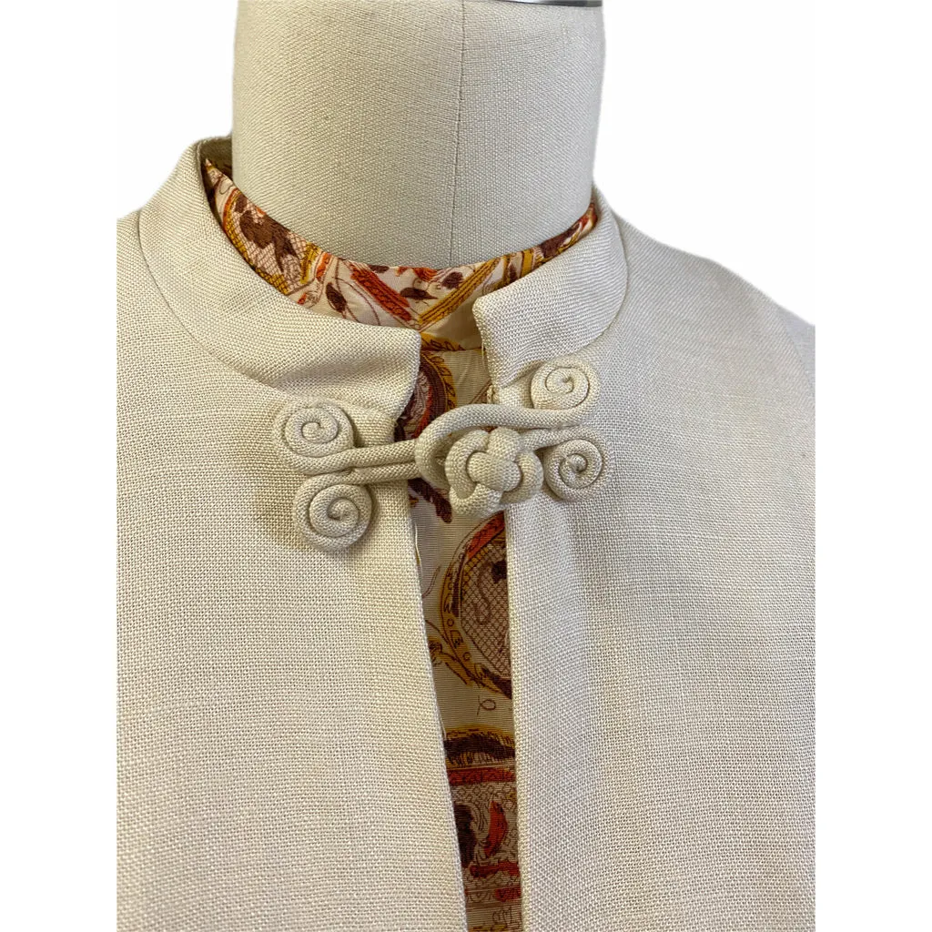 Vintage Matching Dress & Coat Late Early 1950s Orange Gold Print Linen Coat Sz M