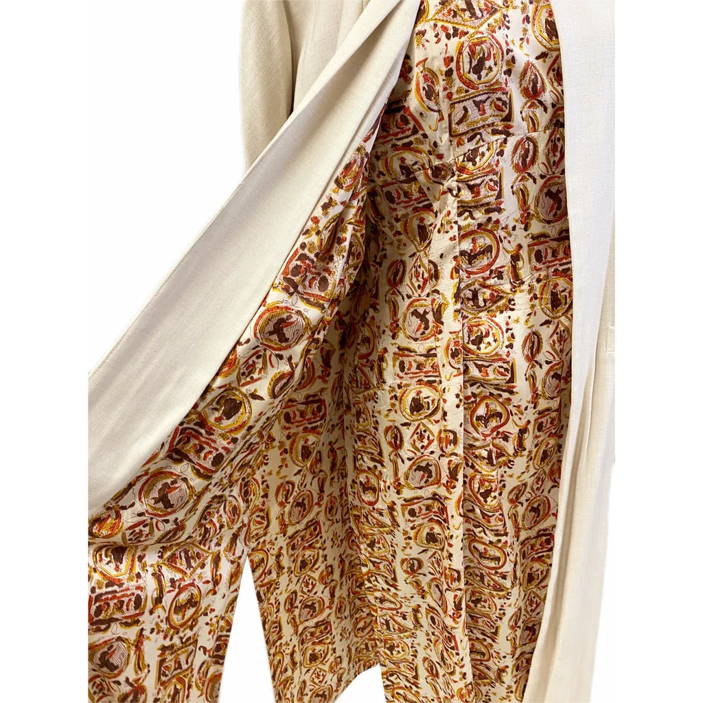 Vintage Matching Dress & Coat Late Early 1950s Orange Gold Print Linen Coat Sz M