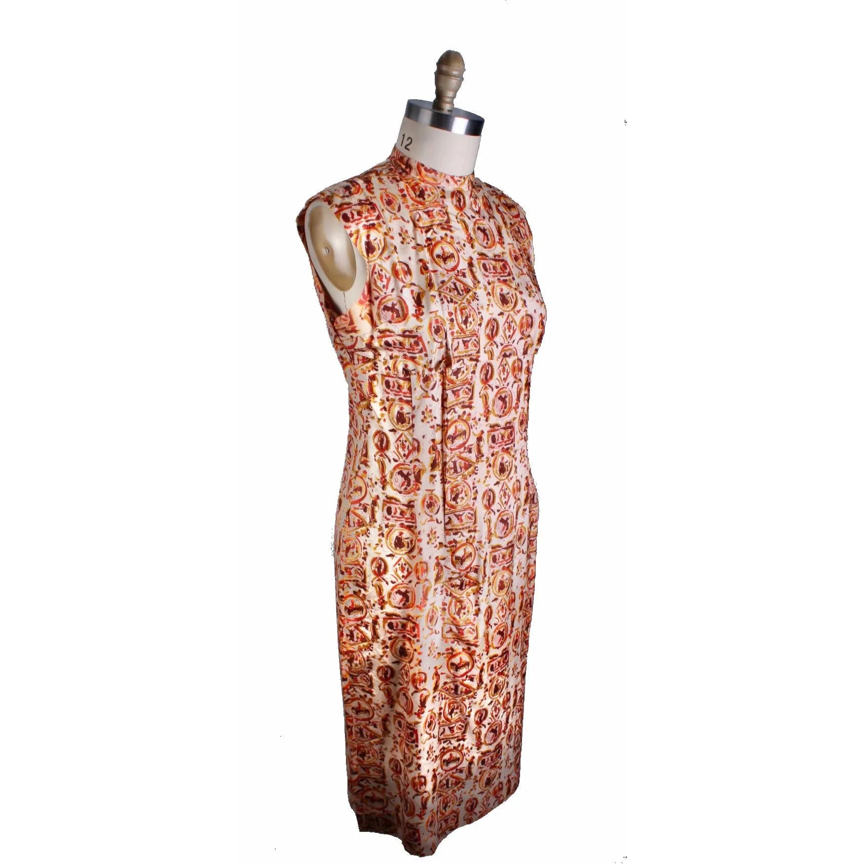 Vintage Matching Dress & Coat Late Early 1950s Orange Gold Print Linen Coat Sz M