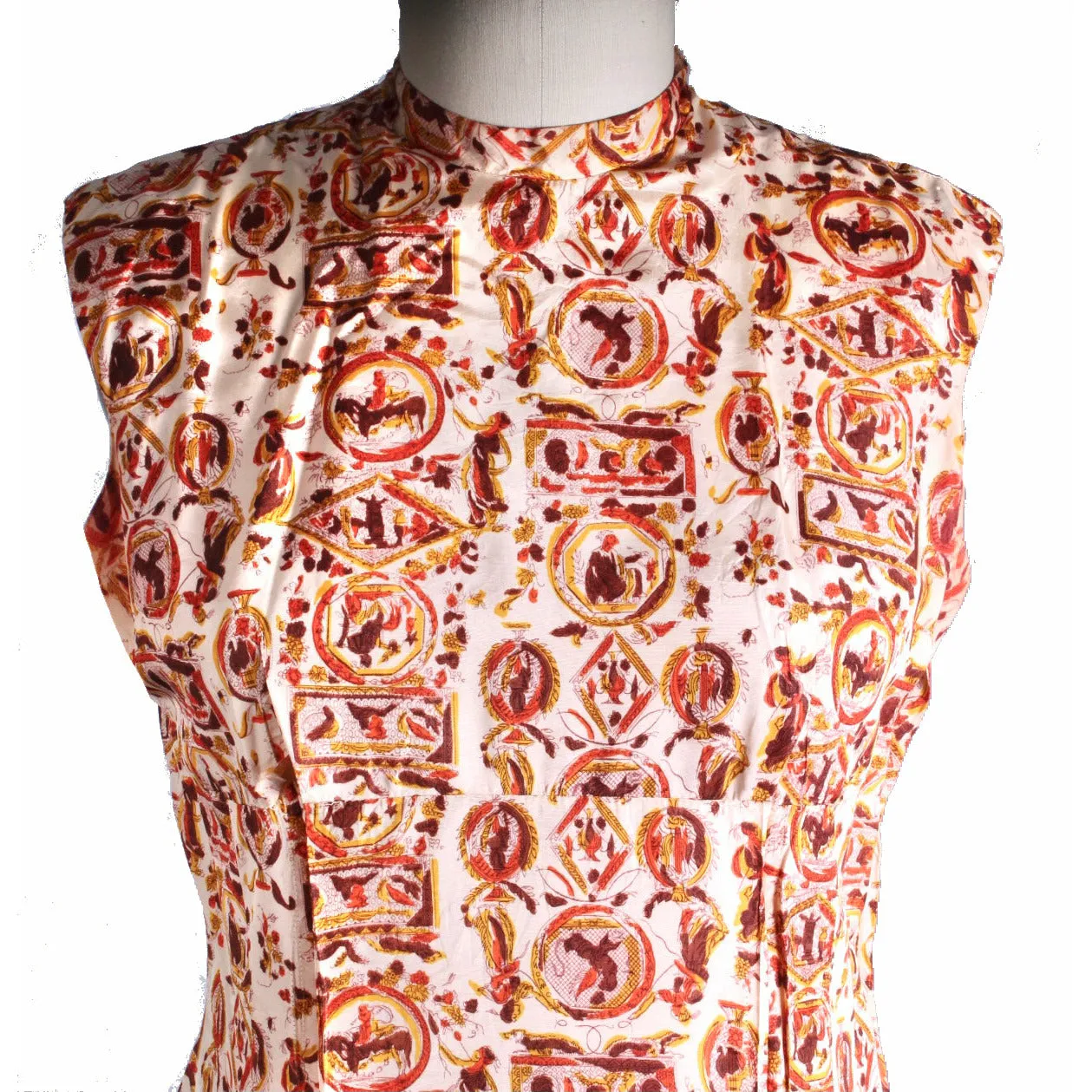 Vintage Matching Dress & Coat Late Early 1950s Orange Gold Print Linen Coat Sz M