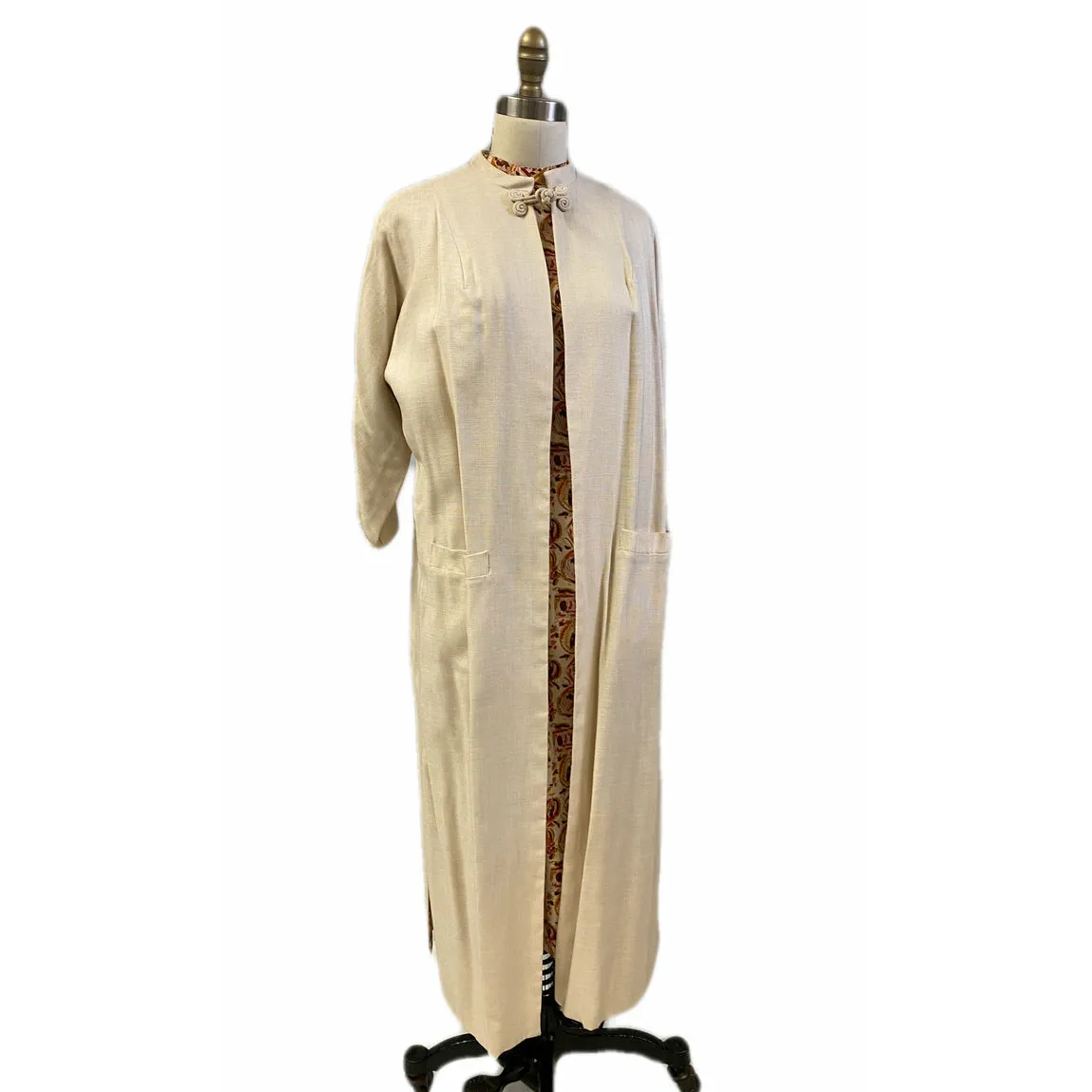Vintage Matching Dress & Coat Late Early 1950s Orange Gold Print Linen Coat Sz M