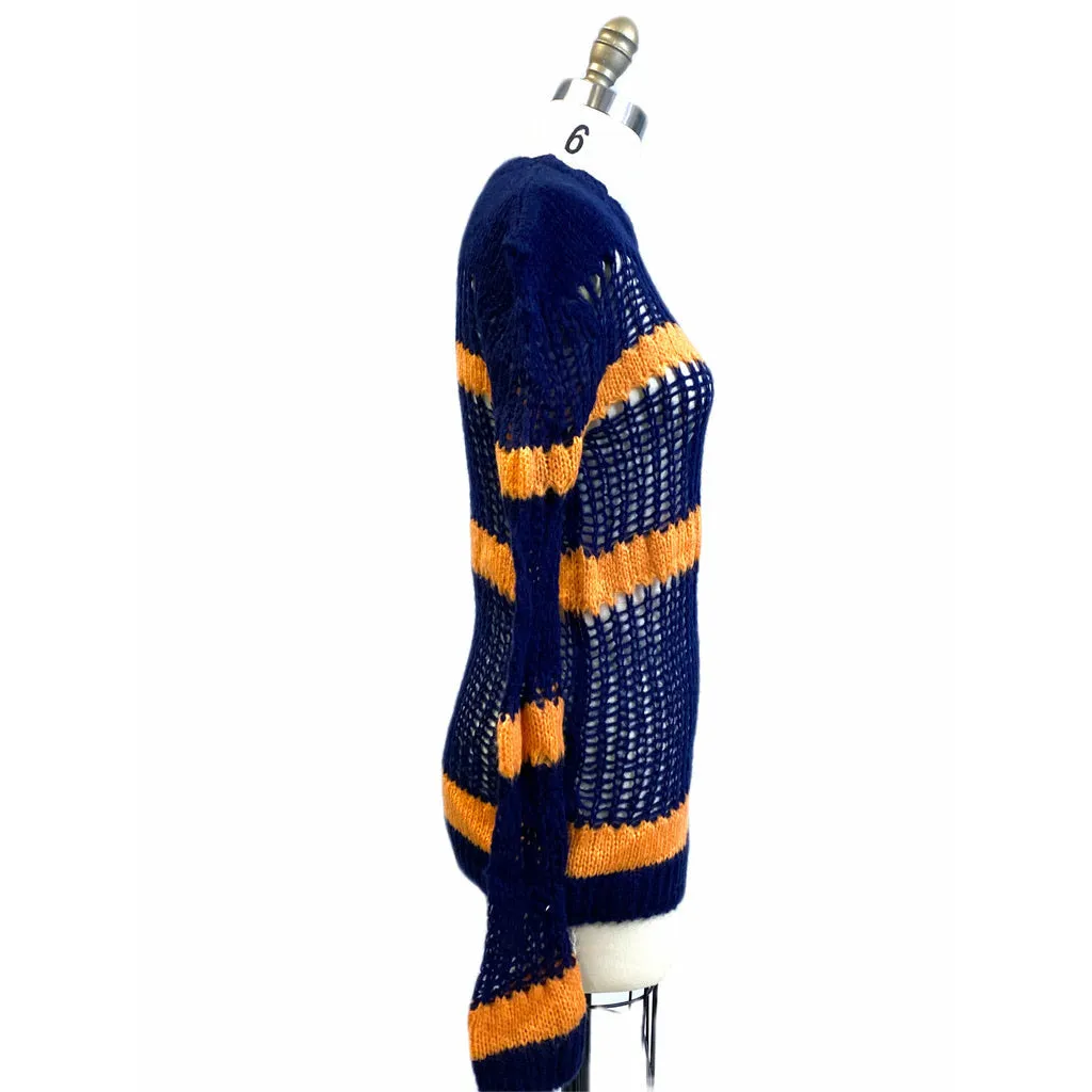 Vintage Mission Bay Korea Long Blue Orange Striped Sweater Womens S Open Knit