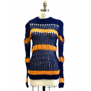 Vintage Mission Bay Korea Long Blue Orange Striped Sweater Womens S Open Knit
