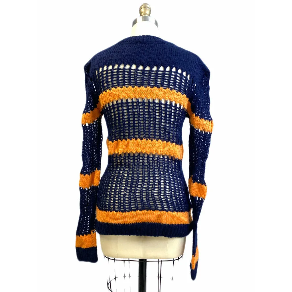 Vintage Mission Bay Korea Long Blue Orange Striped Sweater Womens S Open Knit