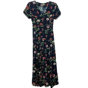 Vintage New York Style Black &amp; Red Floral Maxi Midi Short Sleeve Dress size 4