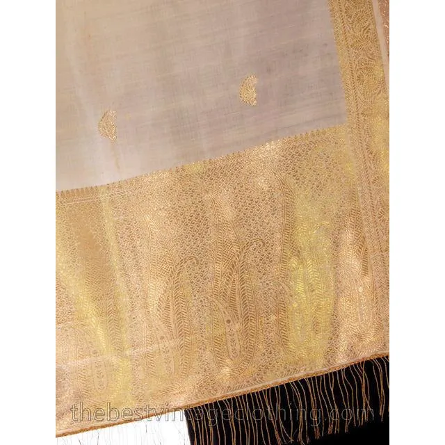 Vintage Pearl Ivory Silk Scarf /Shawl Gold Metallic Paisley Trim & Fringe 1920s
