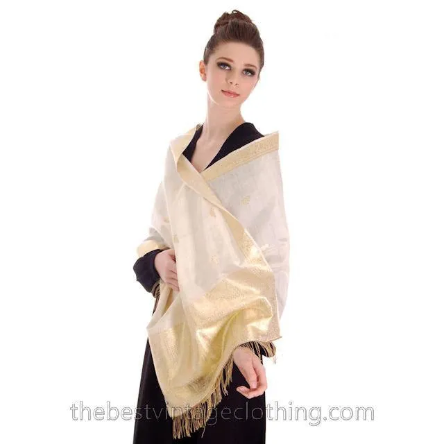 Vintage Pearl Ivory Silk Scarf /Shawl Gold Metallic Paisley Trim & Fringe 1920s