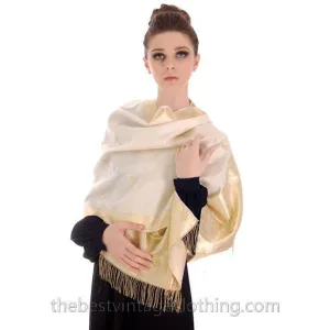 Vintage Pearl Ivory Silk Scarf /Shawl Gold Metallic Paisley Trim & Fringe 1920s