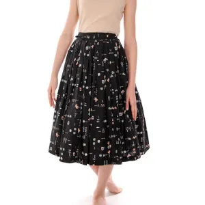 Vintage Pleated Cotton " Lucky" Skirt 1950s Black w/Print Small