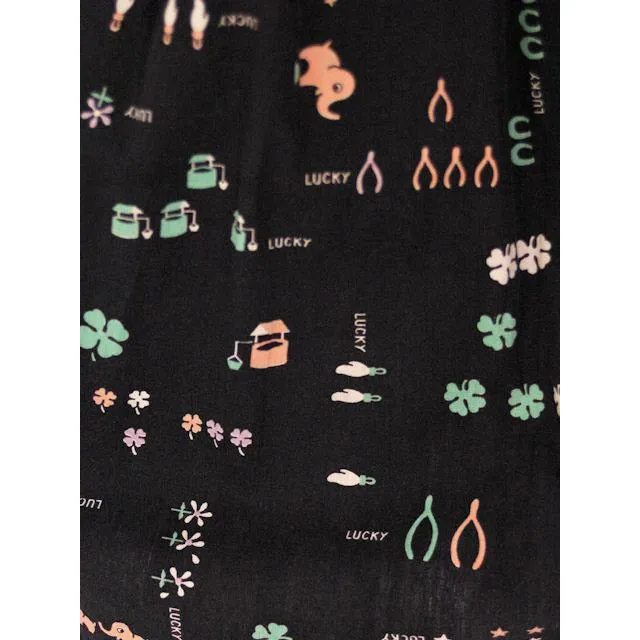 Vintage Pleated Cotton " Lucky" Skirt 1950s Black w/Print Small