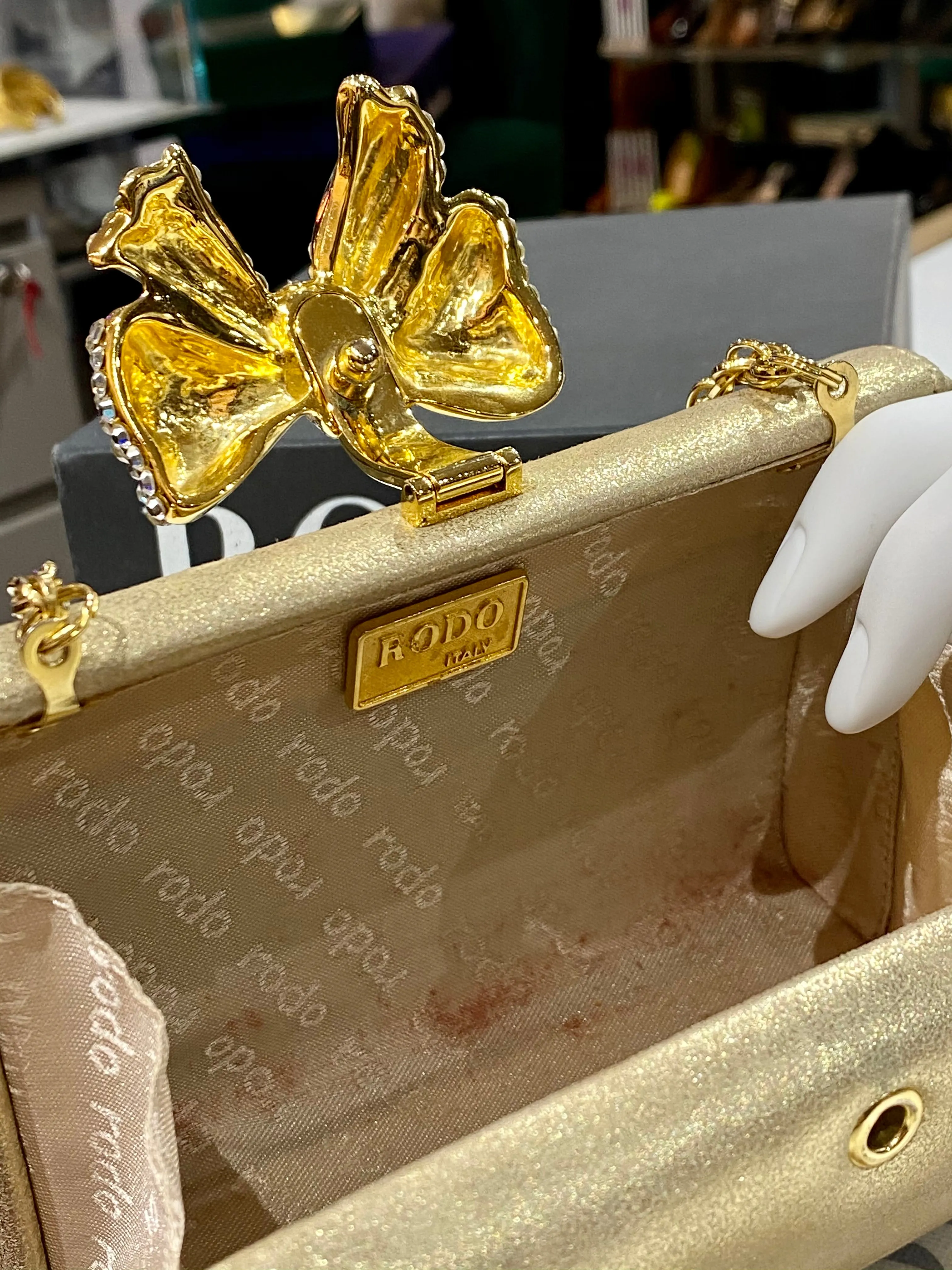 Vintage: Rodo  Gold Leather with Gold and Crystal Bow and Gold Chain