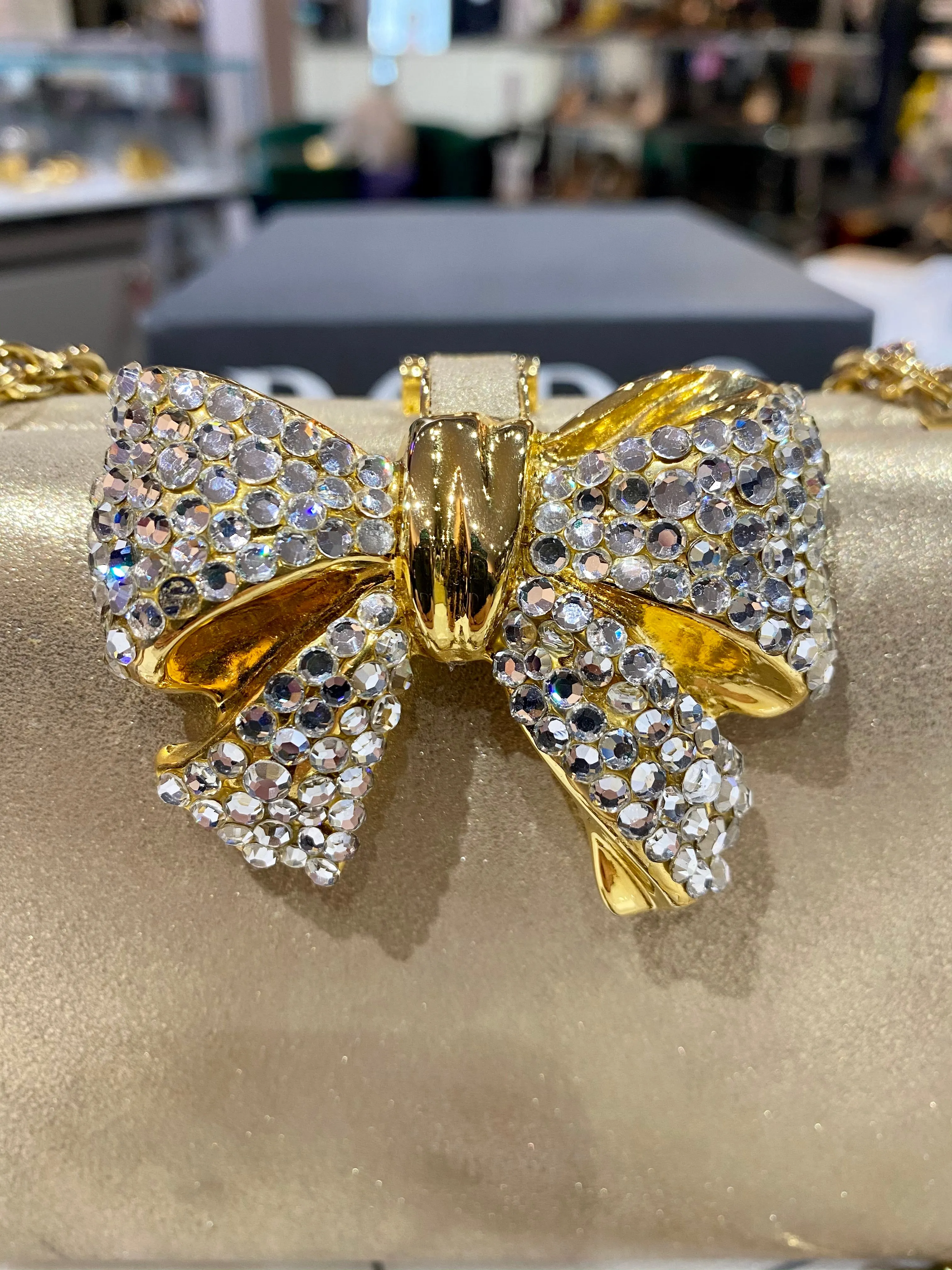 Vintage: Rodo  Gold Leather with Gold and Crystal Bow and Gold Chain