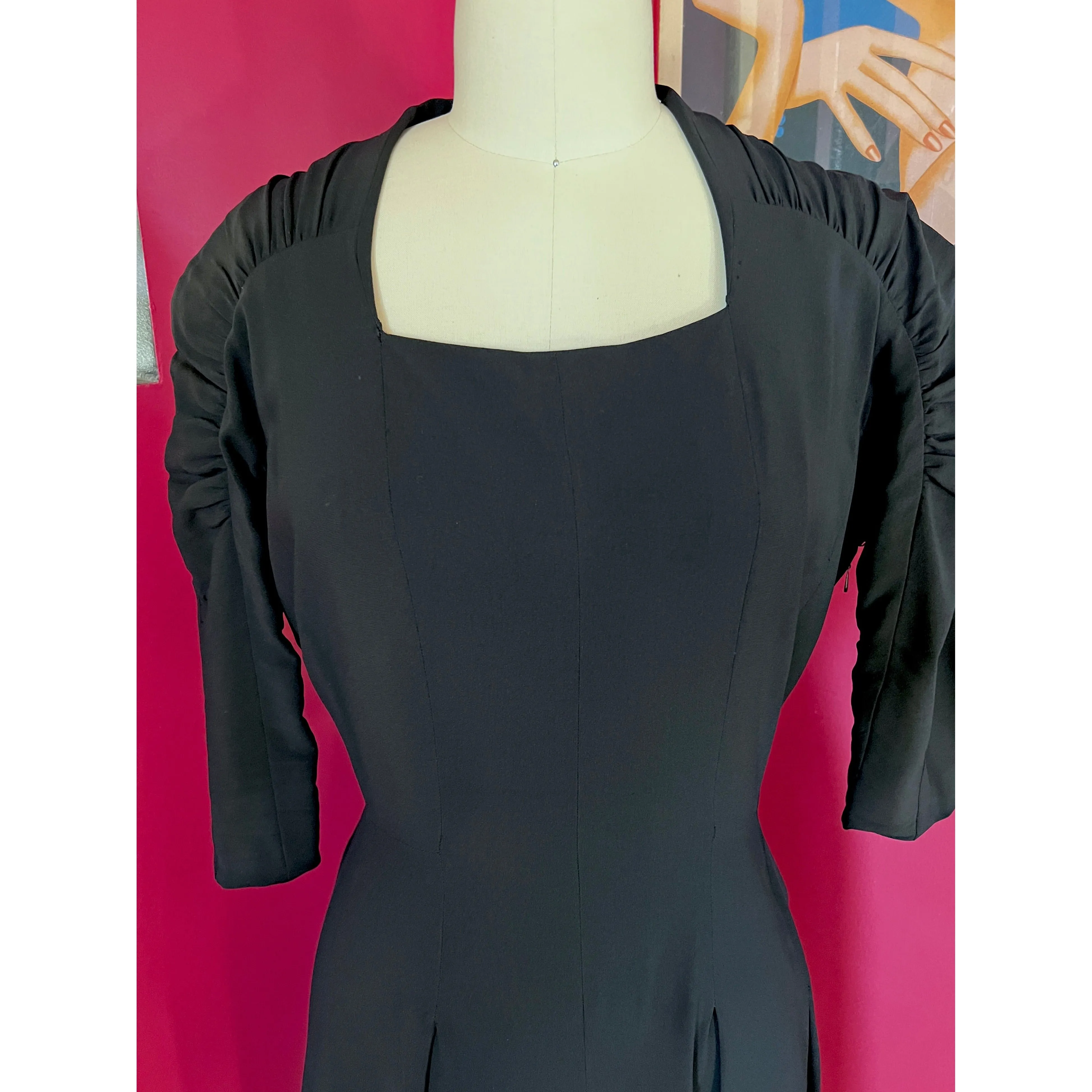 VTG 50s Jeanne Lanvin/Castillo Black Rayon Cocktail Dress Unique Sleeves M 42-31-43