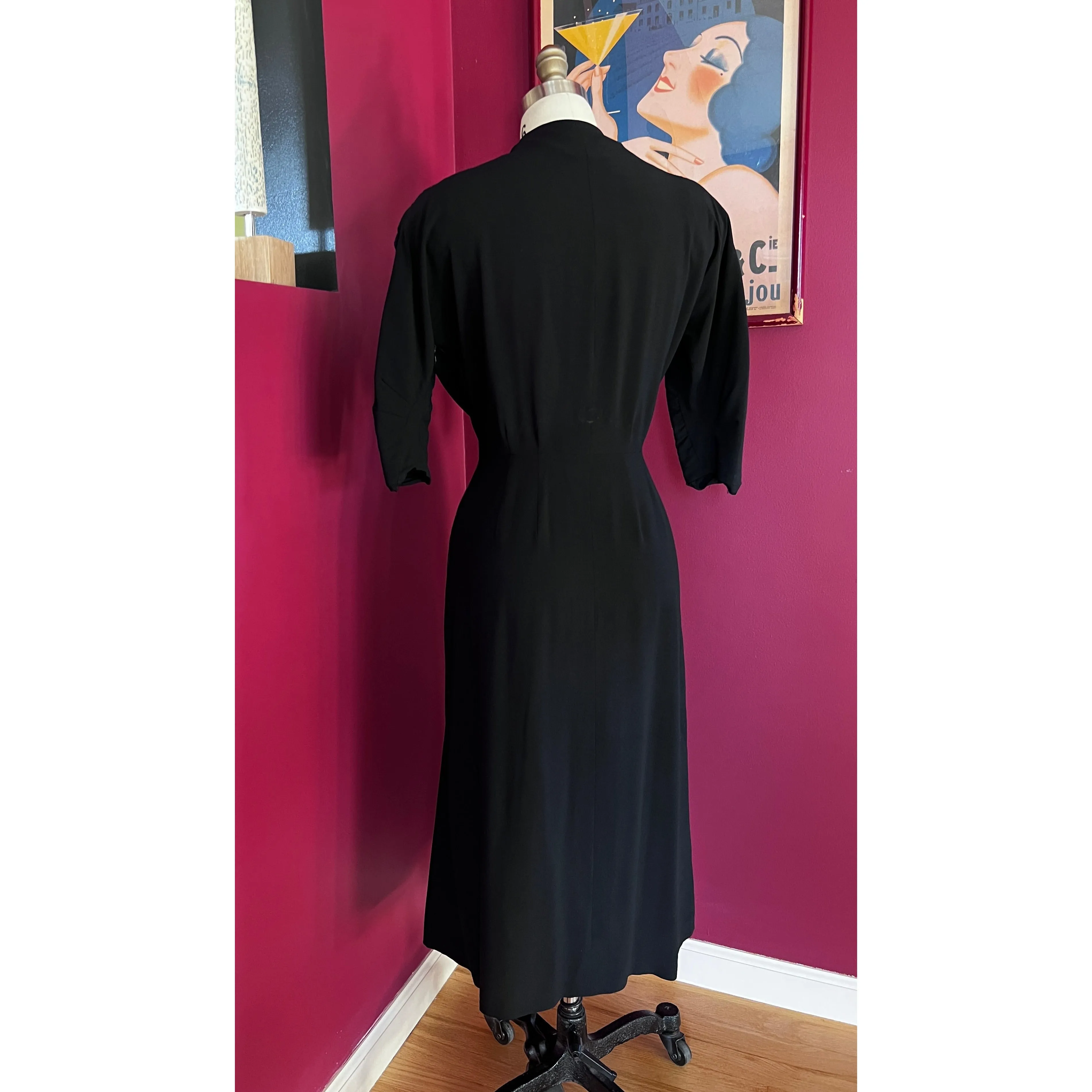 VTG 50s Jeanne Lanvin/Castillo Black Rayon Cocktail Dress Unique Sleeves M 42-31-43