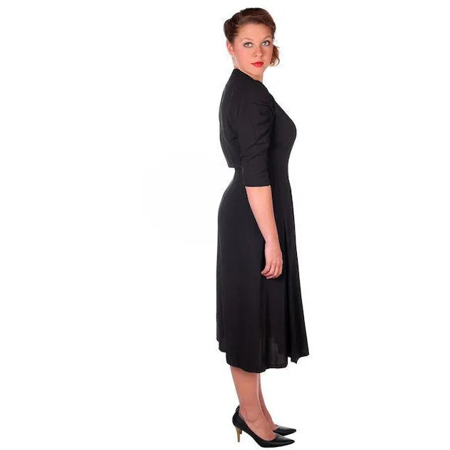 VTG 50s Jeanne Lanvin/Castillo Black Rayon Cocktail Dress Unique Sleeves M 42-31-43