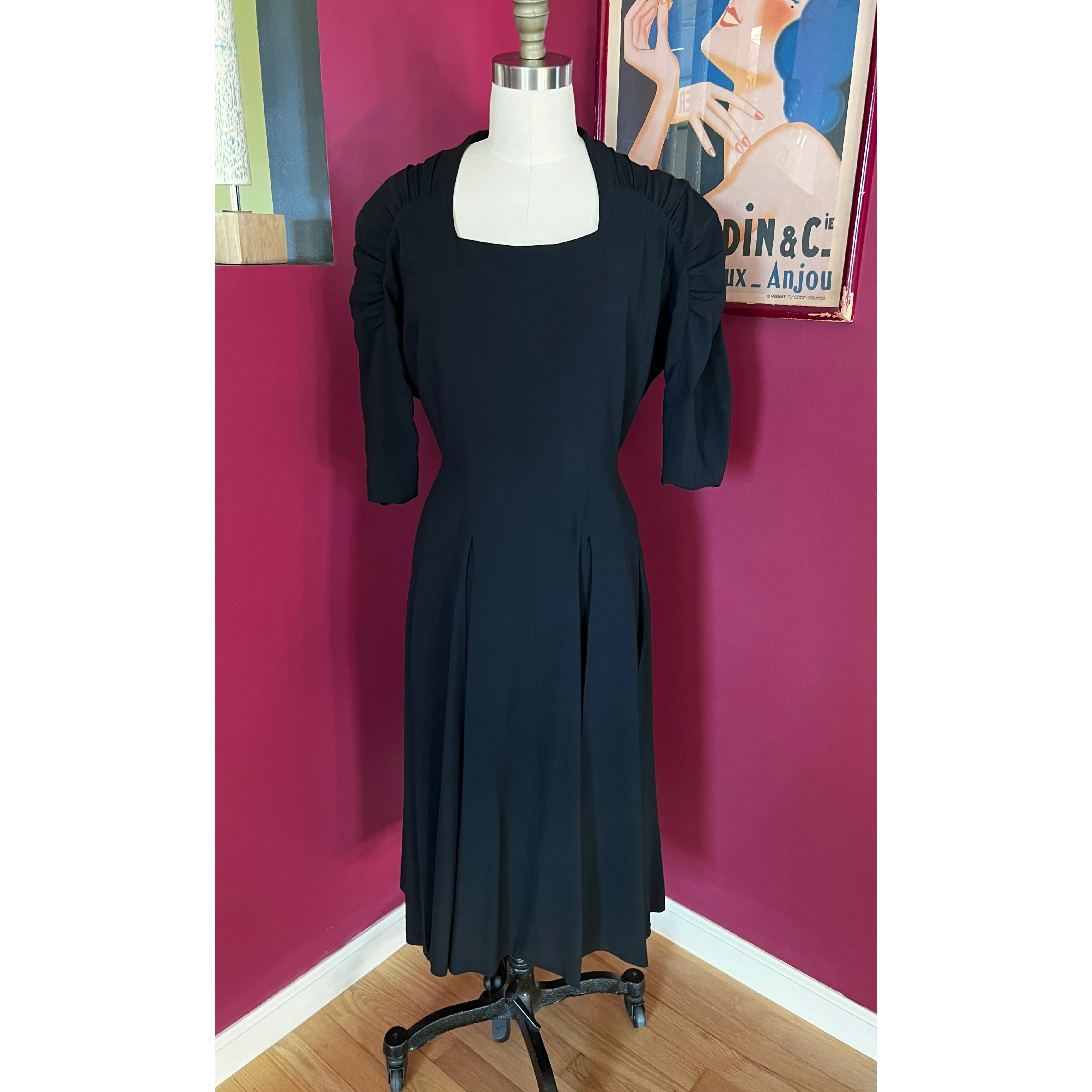 VTG 50s Jeanne Lanvin/Castillo Black Rayon Cocktail Dress Unique Sleeves M 42-31-43