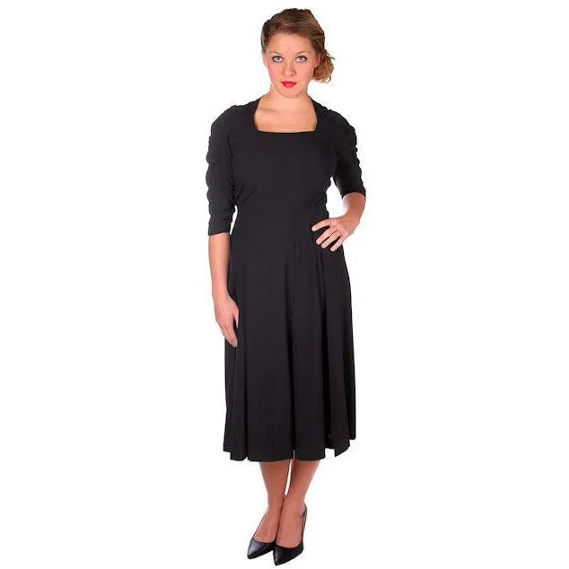 VTG 50s Jeanne Lanvin/Castillo Black Rayon Cocktail Dress Unique Sleeves M 42-31-43