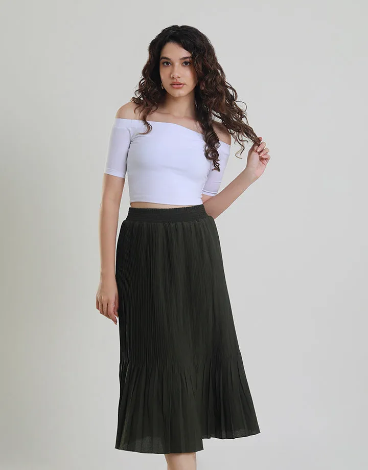 Waist Band Pleated Midi Skirt
