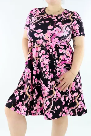 Watercolour Cherry Blossom - Short Sleeve Skater Dress - Knee Length - Side Pockets