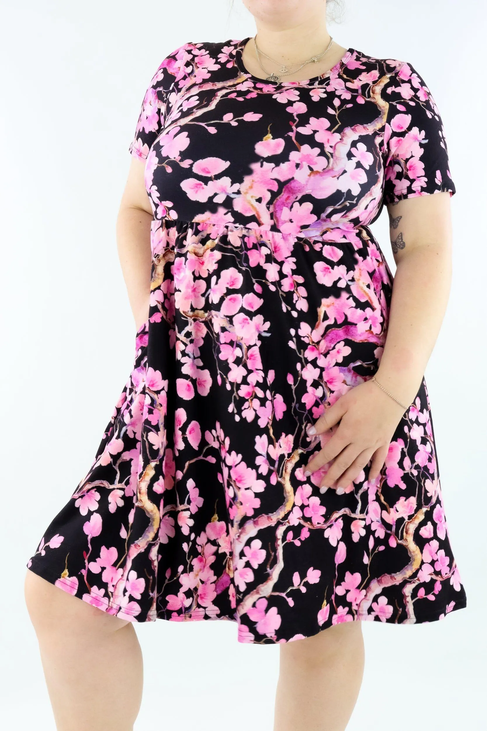 Watercolour Cherry Blossom - Short Sleeve Skater Dress - Knee Length - Side Pockets