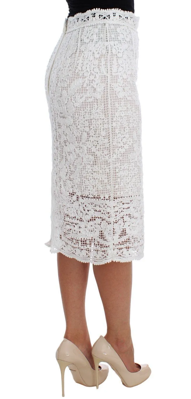 White Cotton Ricamo Lace Pencil Skirt
