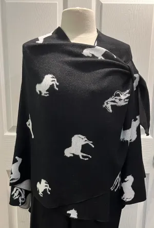 White Horses on Black Reversible Cashmere Shawl