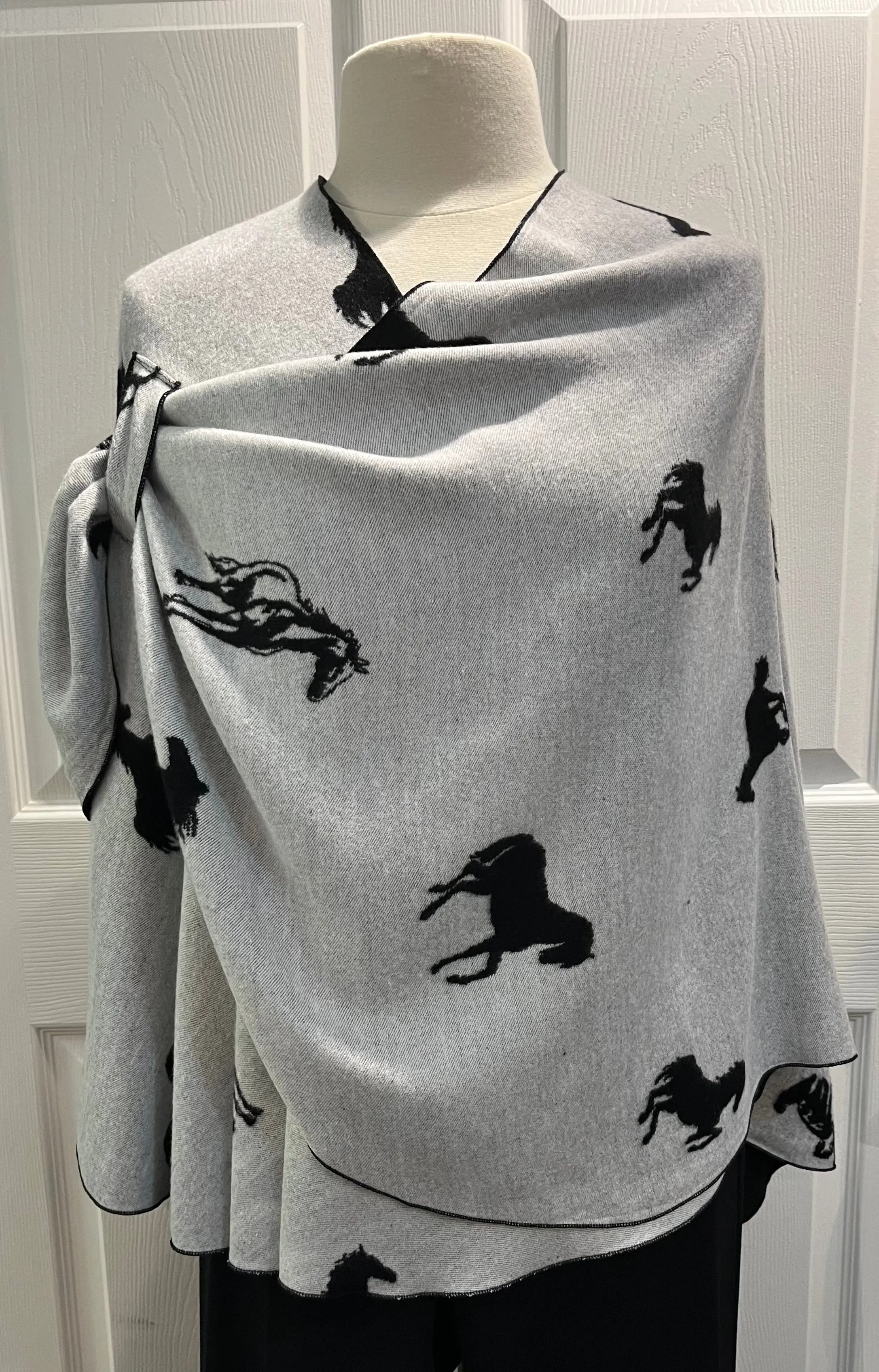 White Horses on Black Reversible Cashmere Shawl