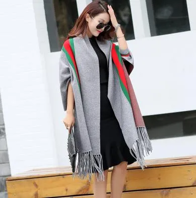 Winter Women Scarf Long Wrap Shawl Thick Warm Scarves Cotton Cashmere Wool Blended Poncho Solid Women's Scarf Cape with Sleeves
