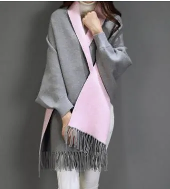 Winter Women Scarf Long Wrap Shawl Thick Warm Scarves Cotton Cashmere Wool Blended Poncho Solid Women's Scarf Cape with Sleeves